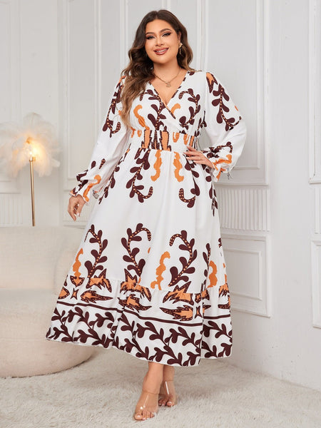 Plus Size Printed Surplice Flounce Sleeve Dress - S. M. & Co.