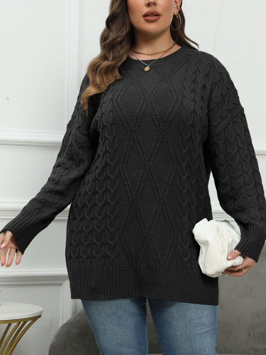 Plus Size Round Neck Long Sleeve Sweater - S. M. & Co.