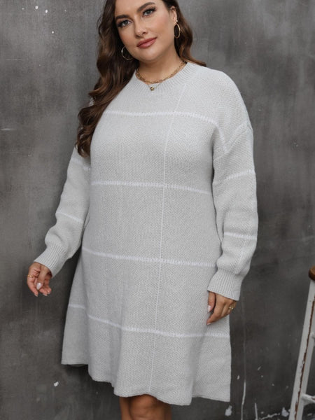 Plus Size Round Neck Long Sleeve Sweater Dress - S. M. & Co.