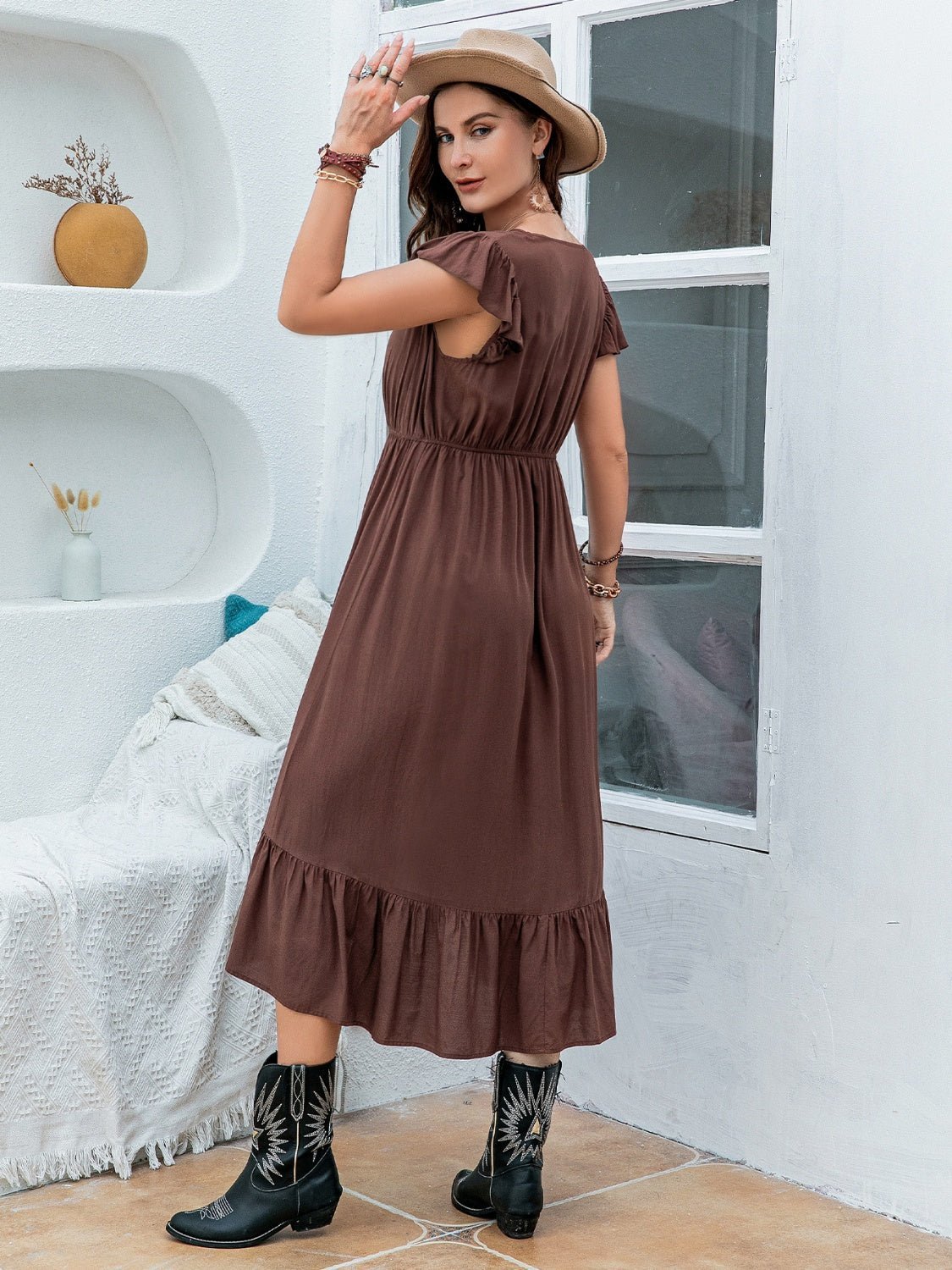 Plus Size Ruffled V - Neck Cap Sleeve Midi Dress - S. M. & Co.