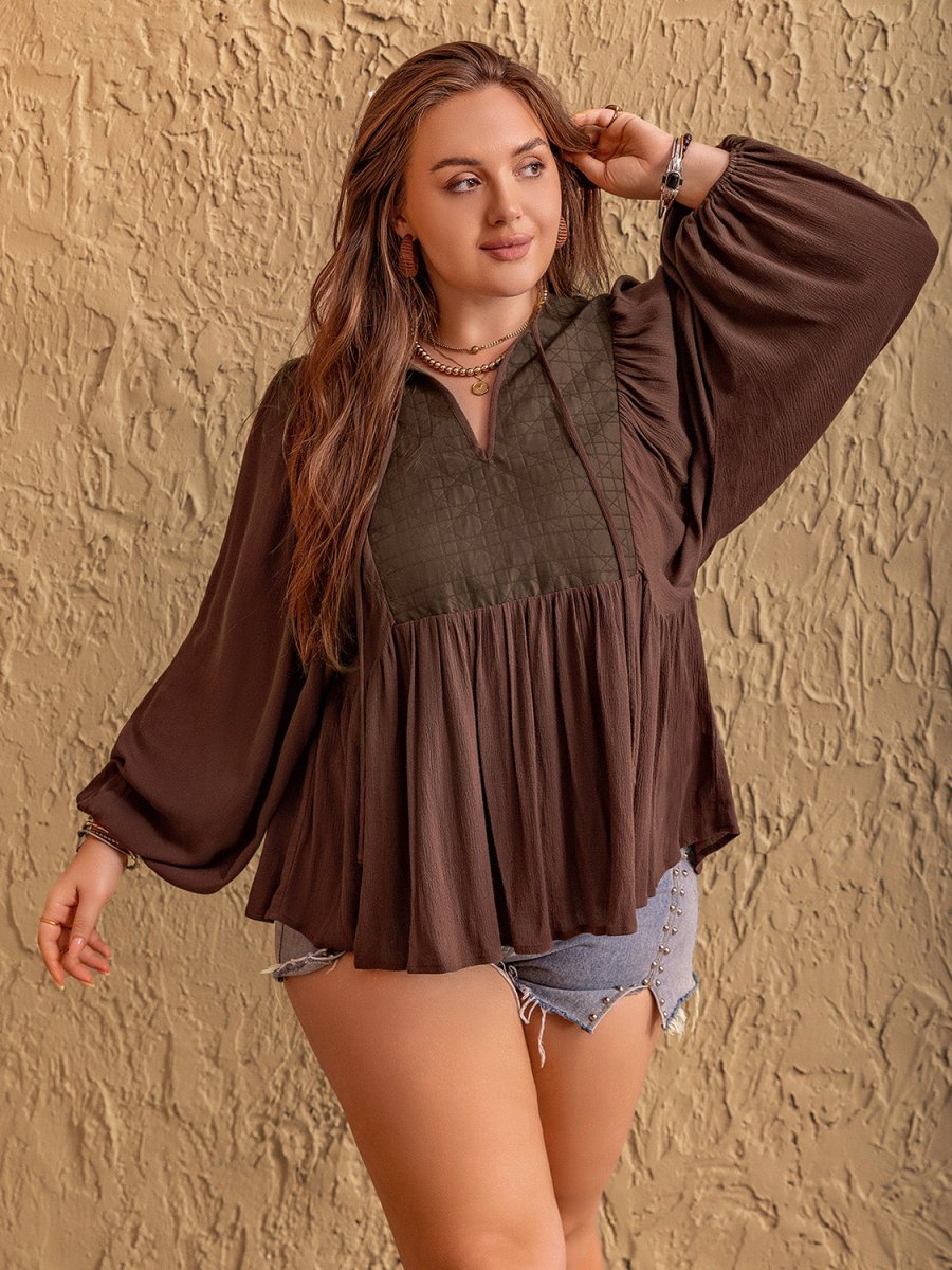 Plus Size Tie Neck Balloon Sleeve Blouse - S. M. & Co.