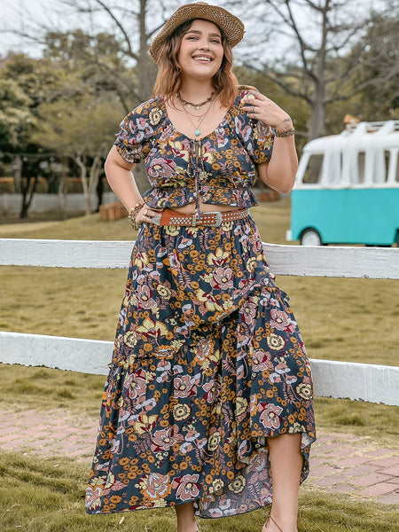 Plus Size Tie Neck Short Sleeve Top and Skirt Set - S. M. & Co.