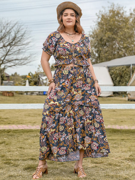 Plus Size Tie Neck Short Sleeve Top and Skirt Set - S. M. & Co.