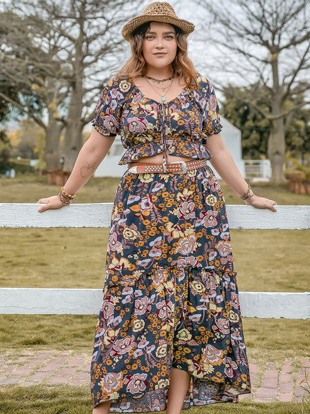 Plus Size Tie Neck Short Sleeve Top and Skirt Set - S. M. & Co.