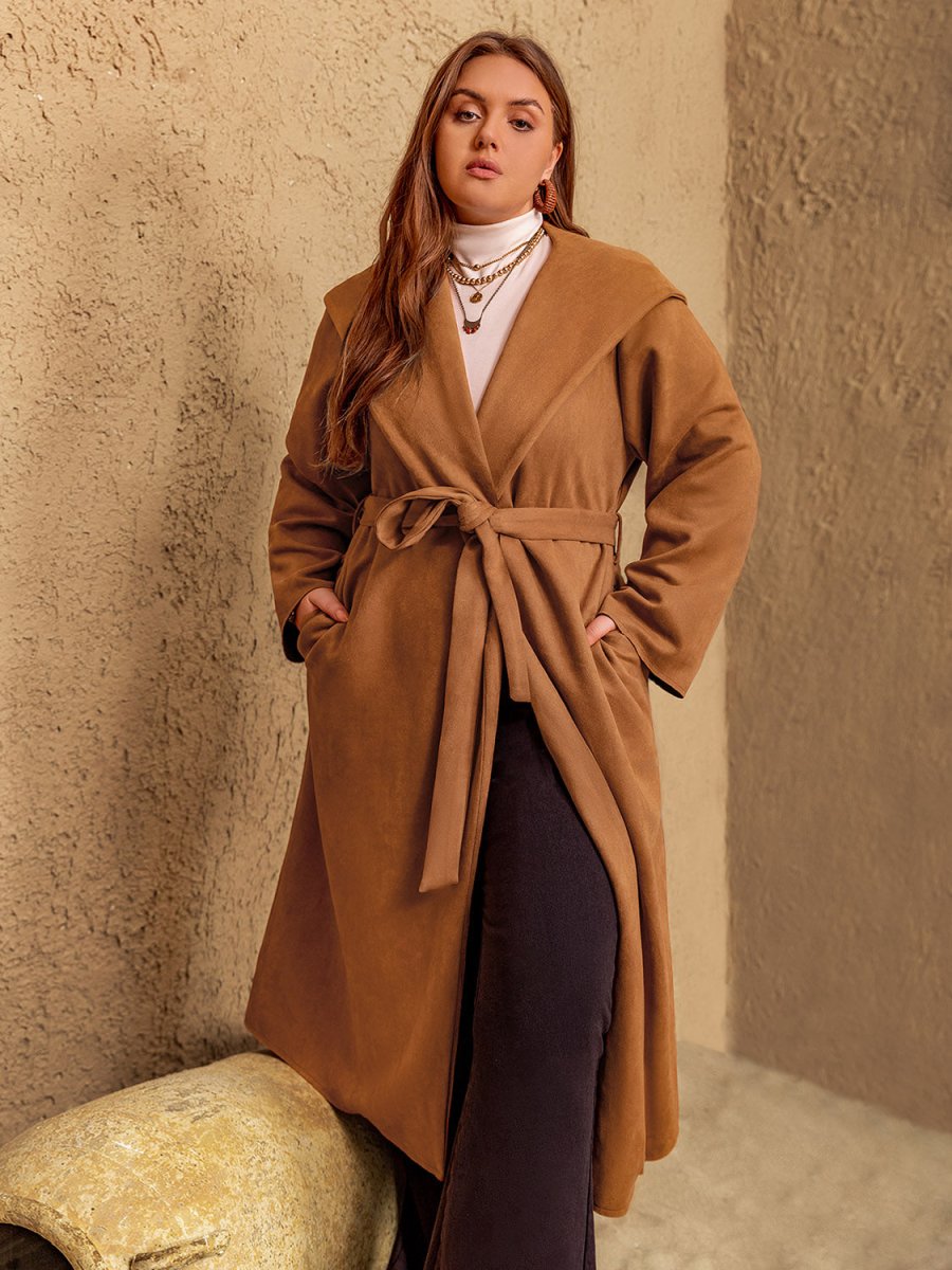 Plus Size Tied Long Sleeve Hooded Coat with Pockets - S. M. & Co.