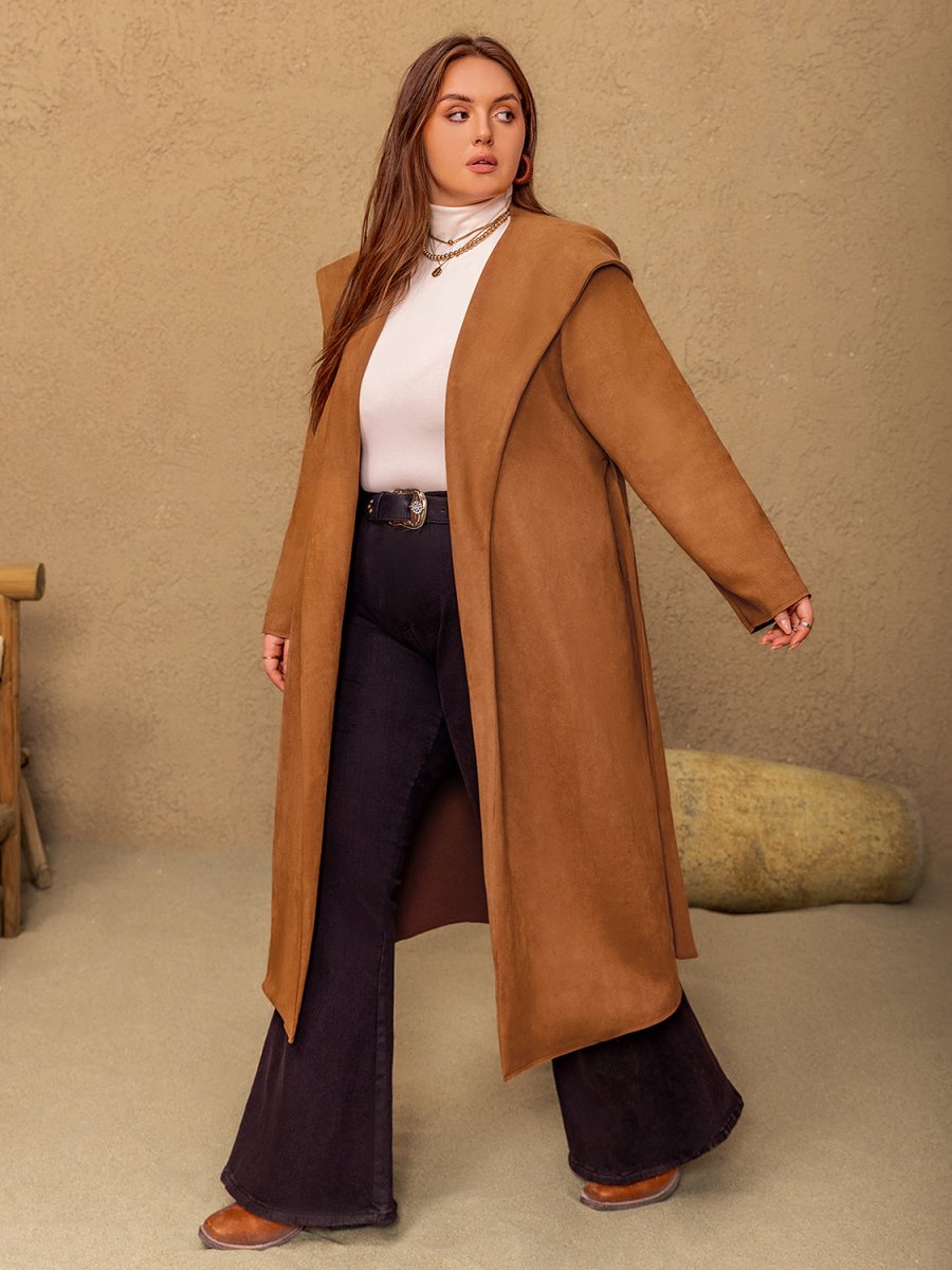 Plus Size Tied Long Sleeve Hooded Coat with Pockets - S. M. & Co.