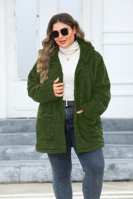 Plus Size Zip Up Long Sleeve Hooded Outerwear - S. M. & Co.