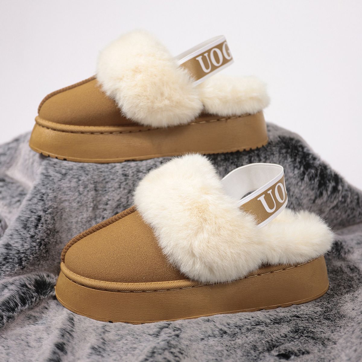 Plush Platform Slippers with Letter Strap - S. M. & Co.