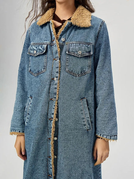 Pocketed Button Up Denim Jacket with Fur Lining - S. M. & Co.