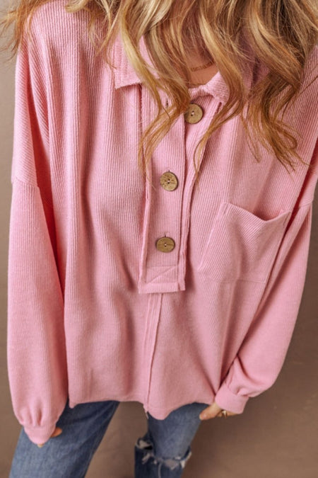 Pocketed Half Button Long Sleeve Sweatshirt - S. M. & Co.