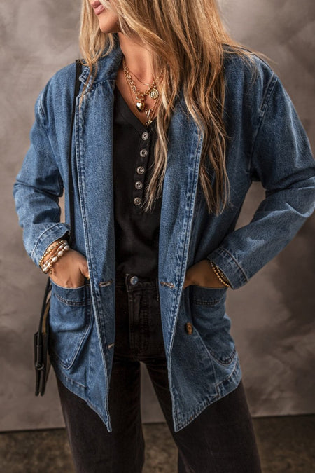 Pocketed Long Sleeve Denim Jacket - S. M. & Co.