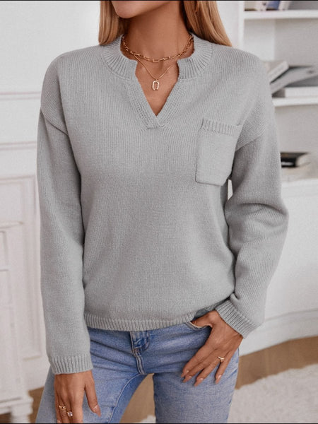 Pocketed Notched Long Sleeve Knit Top - S. M. & Co.