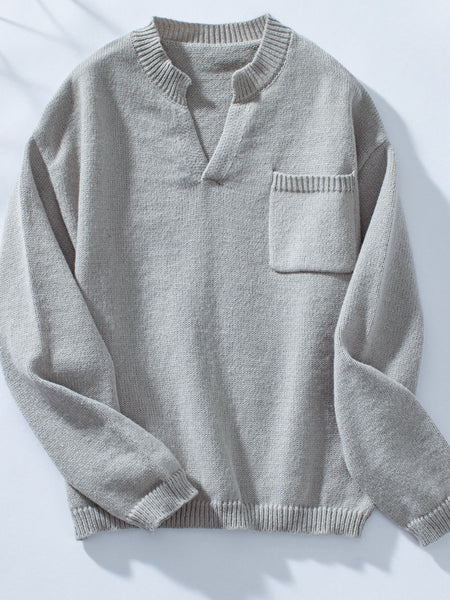 Pocketed Notched Long Sleeve Knit Top - S. M. & Co.