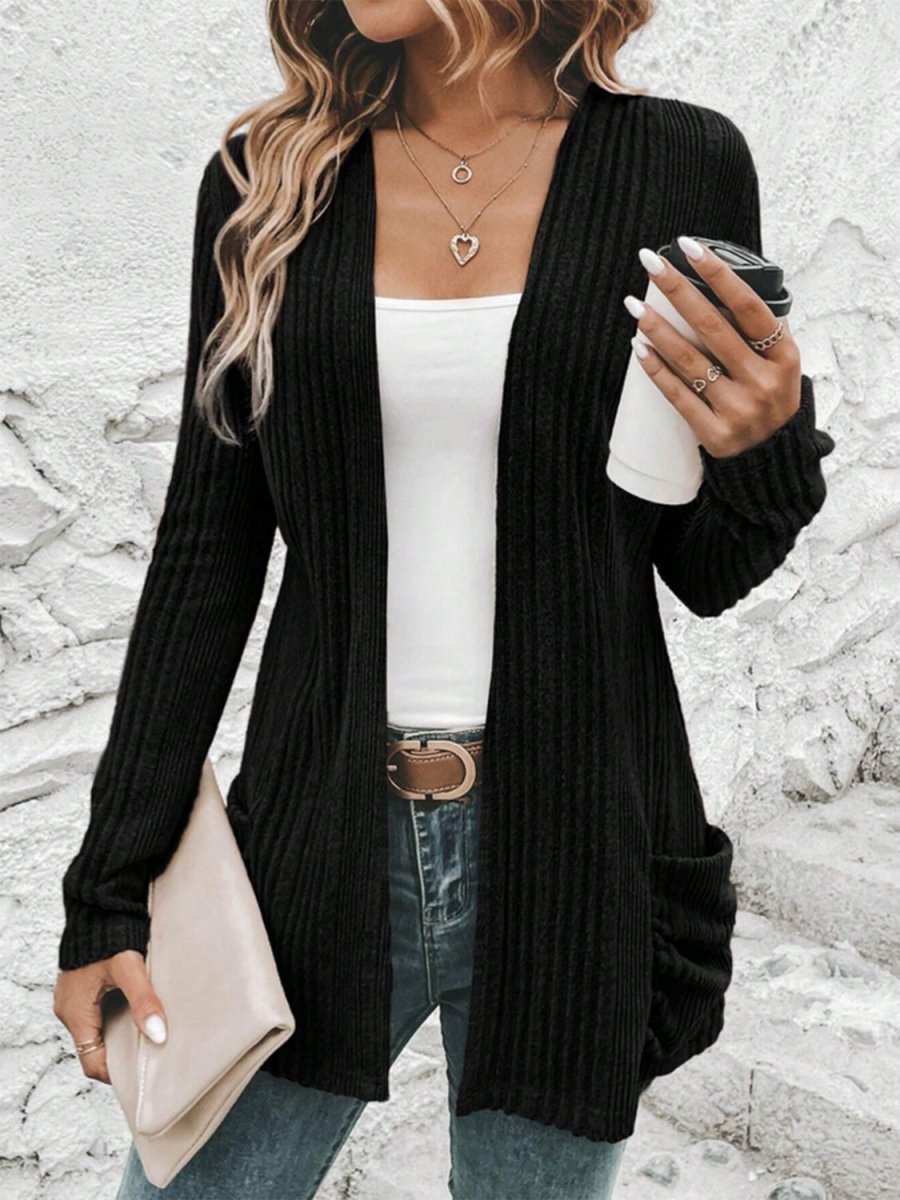 Pocketed Open Front Long Sleeve Cardigan - S. M. & Co.