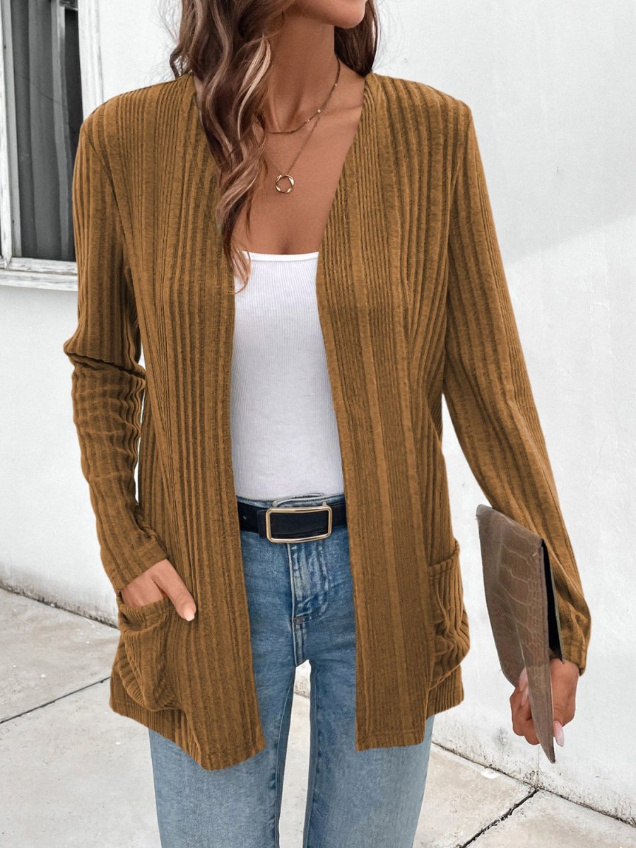 Pocketed Open Front Long Sleeve Cardigan - S. M. & Co.