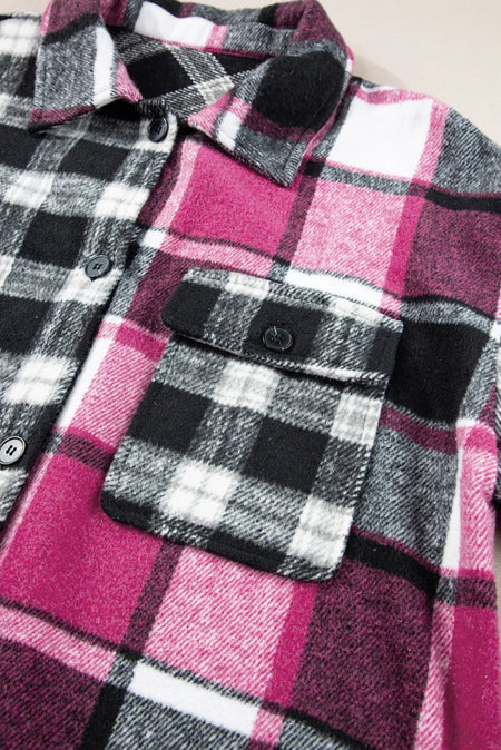 Pocketed Plaid Collared Neck Long Sleeve Shacket - S. M. & Co.