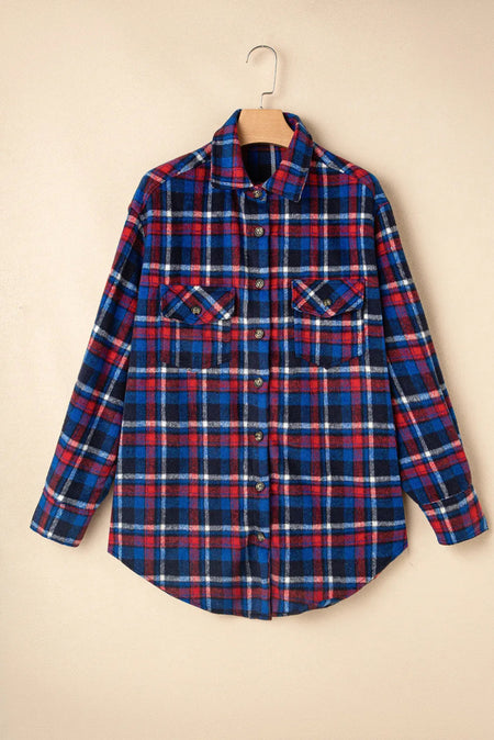 Pocketed Plaid Collared Neck Long Sleeve Shacket - S. M. & Co.