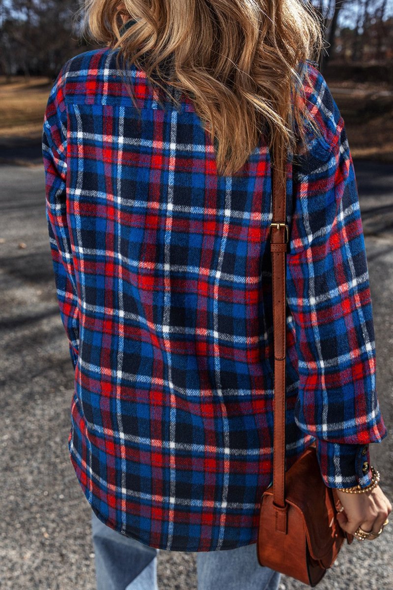 Pocketed Plaid Collared Neck Long Sleeve Shacket - S. M. & Co.