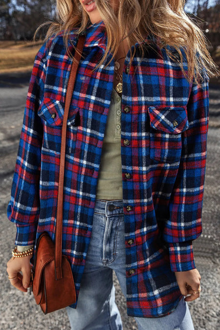 Pocketed Plaid Collared Neck Long Sleeve Shacket - S. M. & Co.