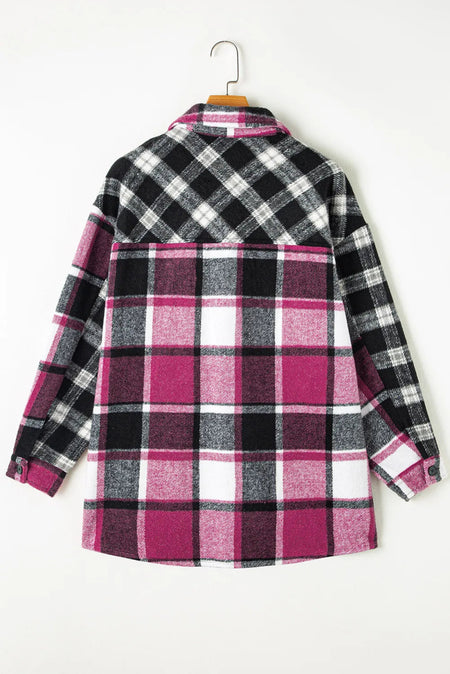 Pocketed Plaid Collared Neck Long Sleeve Shacket - S. M. & Co.