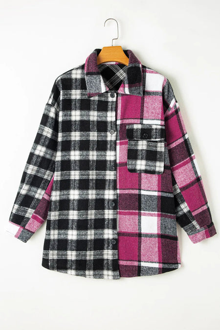 Pocketed Plaid Collared Neck Long Sleeve Shacket - S. M. & Co.