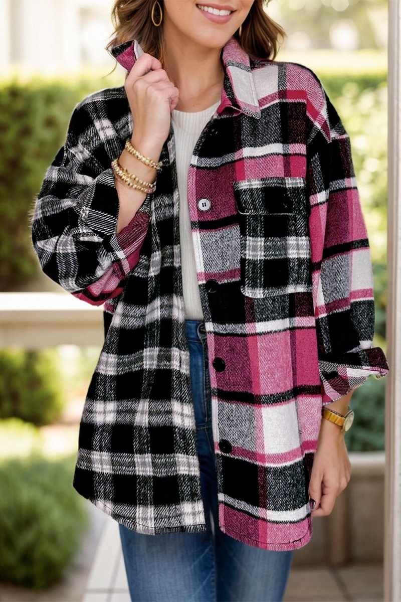 Pocketed Plaid Collared Neck Long Sleeve Shacket - S. M. & Co.