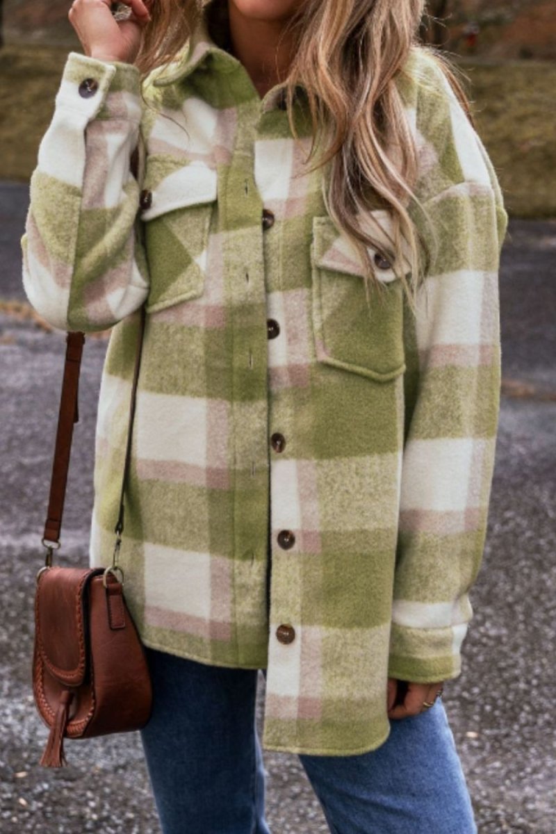 Pocketed Plaid Collared Neck Shacket - S. M. & Co.