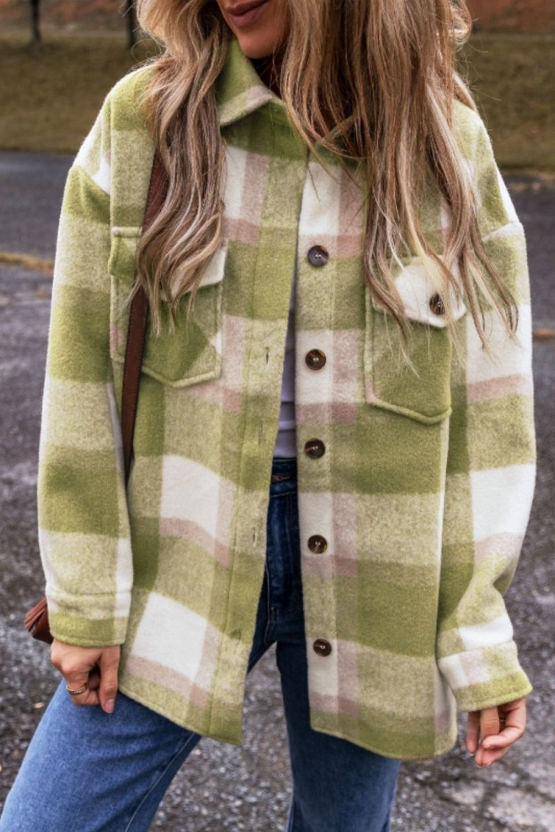 Pocketed Plaid Collared Neck Shacket - S. M. & Co.