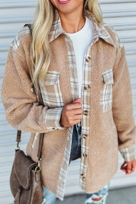 Pocketed Plaid Collared Neck Sherpa Jacket - S. M. & Co.