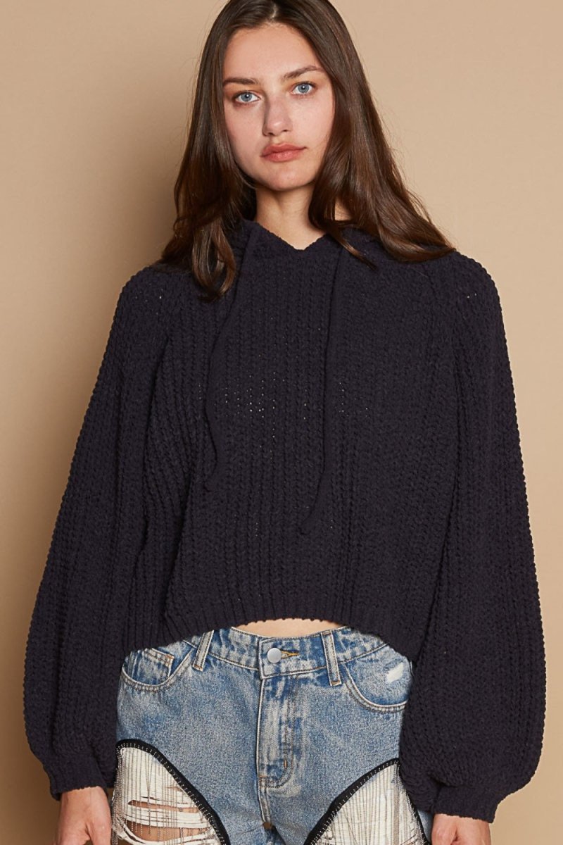 POL Back Open Slit Balloon Sleeve Crop Hooded Sweater - S. M. & Co.