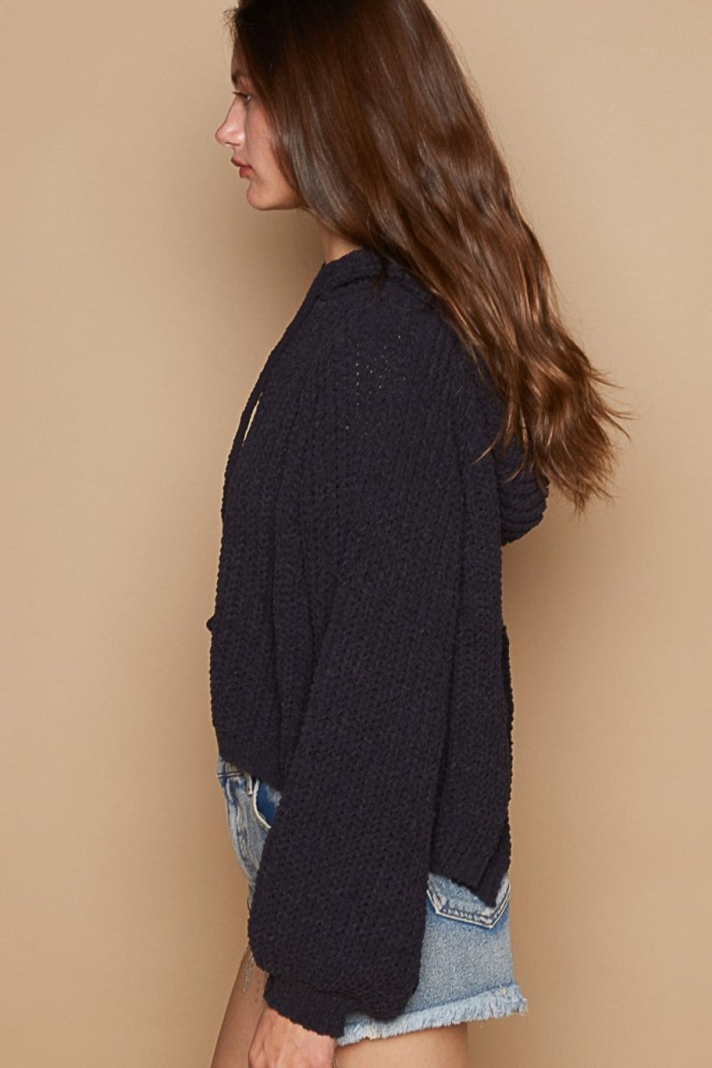 POL Back Open Slit Balloon Sleeve Crop Hooded Sweater - S. M. & Co.