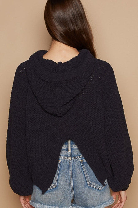 POL Back Open Slit Balloon Sleeve Crop Hooded Sweater - S. M. & Co.