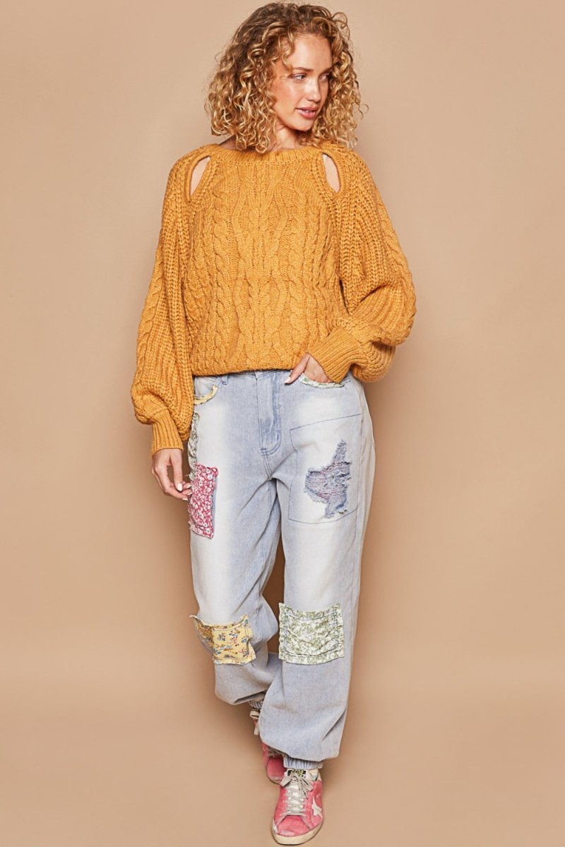 POL Cable Knit Cutout Long Sleeve Sweater - S. M. & Co.