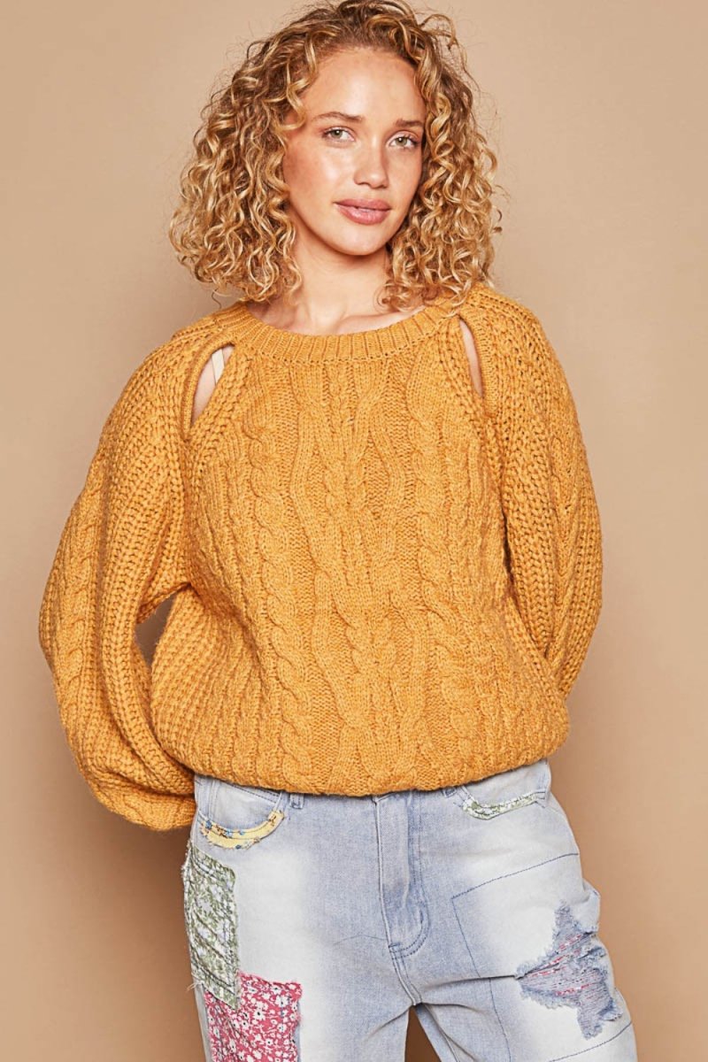 POL Cable Knit Cutout Long Sleeve Sweater - S. M. & Co.