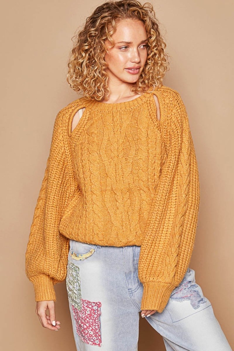 POL Cable Knit Cutout Long Sleeve Sweater - S. M. & Co.