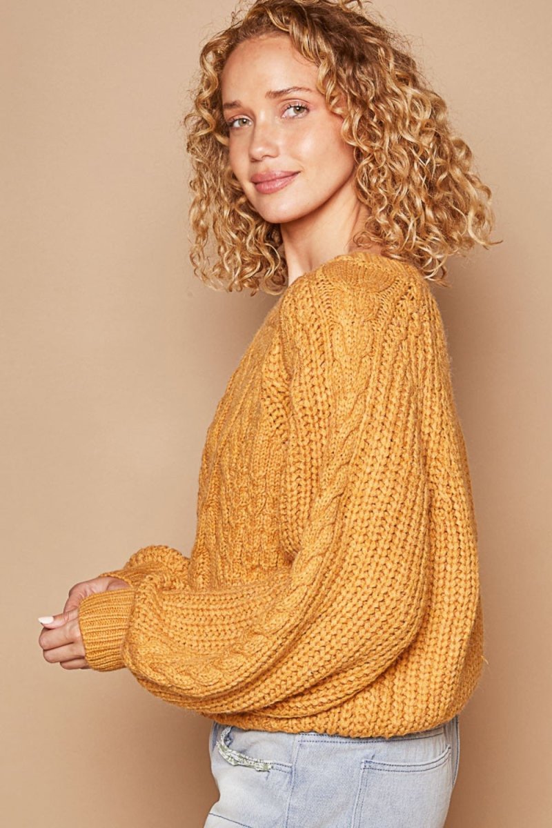 POL Cable Knit Cutout Long Sleeve Sweater - S. M. & Co.