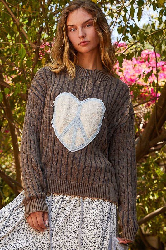 POL Cable - Knit Peace Patch Dropped Shoulder Sweater - S. M. & Co.