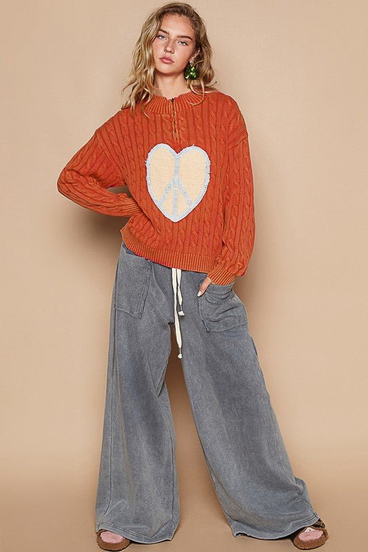 POL Cable - Knit Peace Patch Dropped Shoulder Sweater - S. M. & Co.