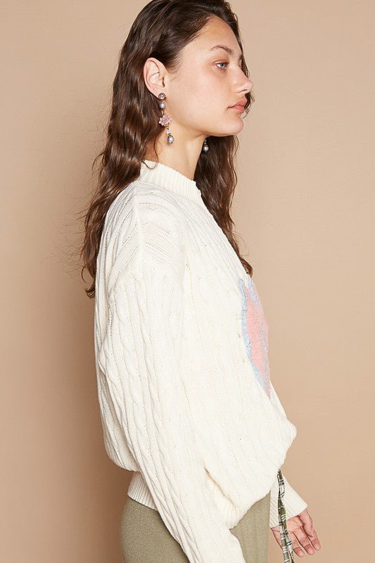 POL Cable - Knit Peace Patch Dropped Shoulder Sweater - S. M. & Co.