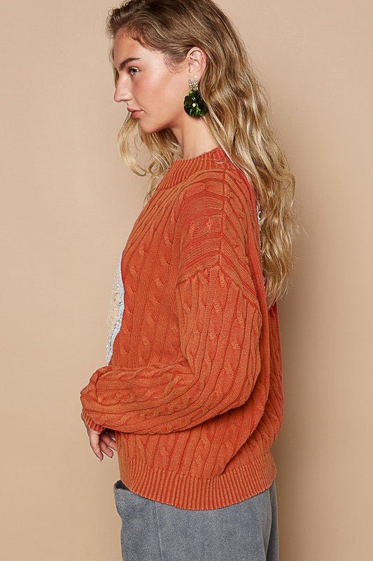 POL Cable - Knit Peace Patch Dropped Shoulder Sweater - S. M. & Co.