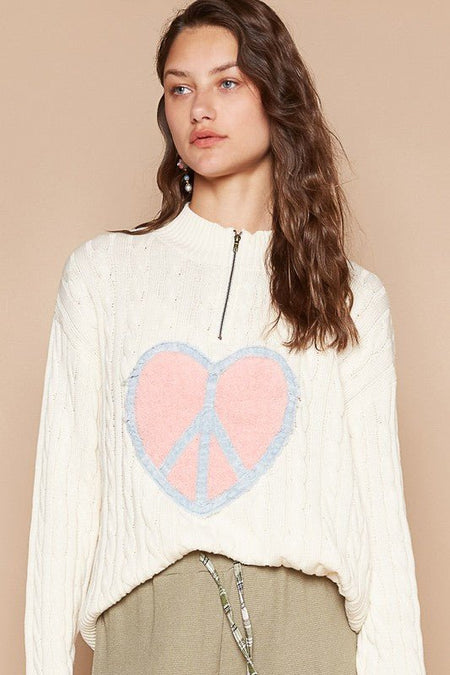 POL Cable - Knit Peace Patch Dropped Shoulder Sweater - S. M. & Co.