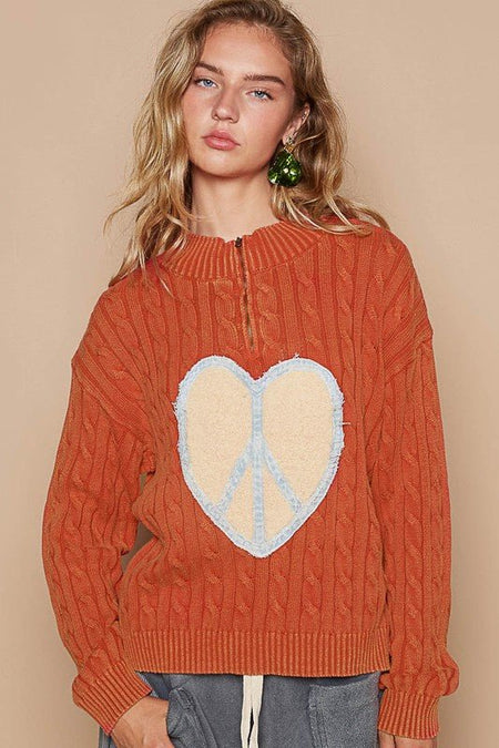 POL Cable - Knit Peace Patch Dropped Shoulder Sweater - S. M. & Co.