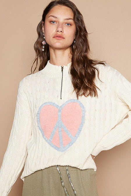 POL Cable - Knit Peace Patch Dropped Shoulder Sweater - S. M. & Co.