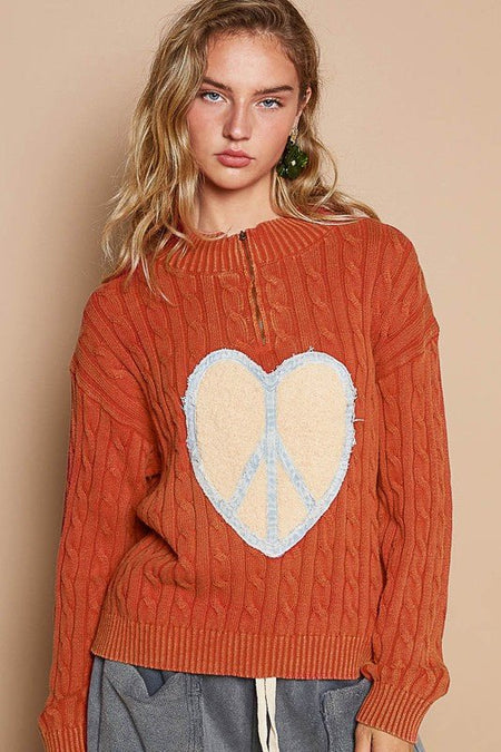 POL Cable - Knit Peace Patch Dropped Shoulder Sweater - S. M. & Co.