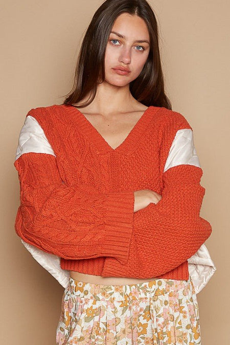 POL Cable Knit Quilting Patch V - Neck Contrast Sweater - S. M. & Co.