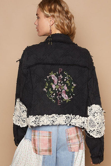 POL Crochet Patch Embroidered Button Up Jacket - S. M. & Co.