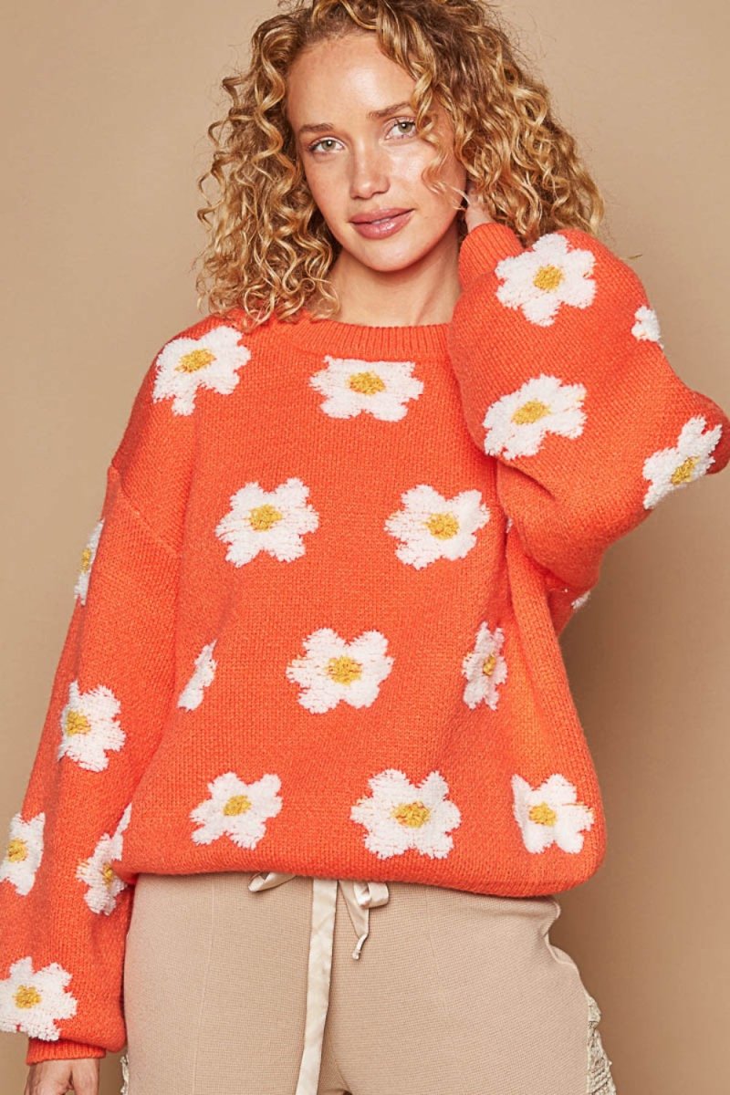 POL Daisy Pattern Drop Shoulder Sweater - S. M. & Co.