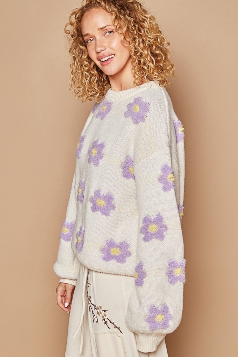 POL Daisy Pattern Drop Shoulder Sweater - S. M. & Co.