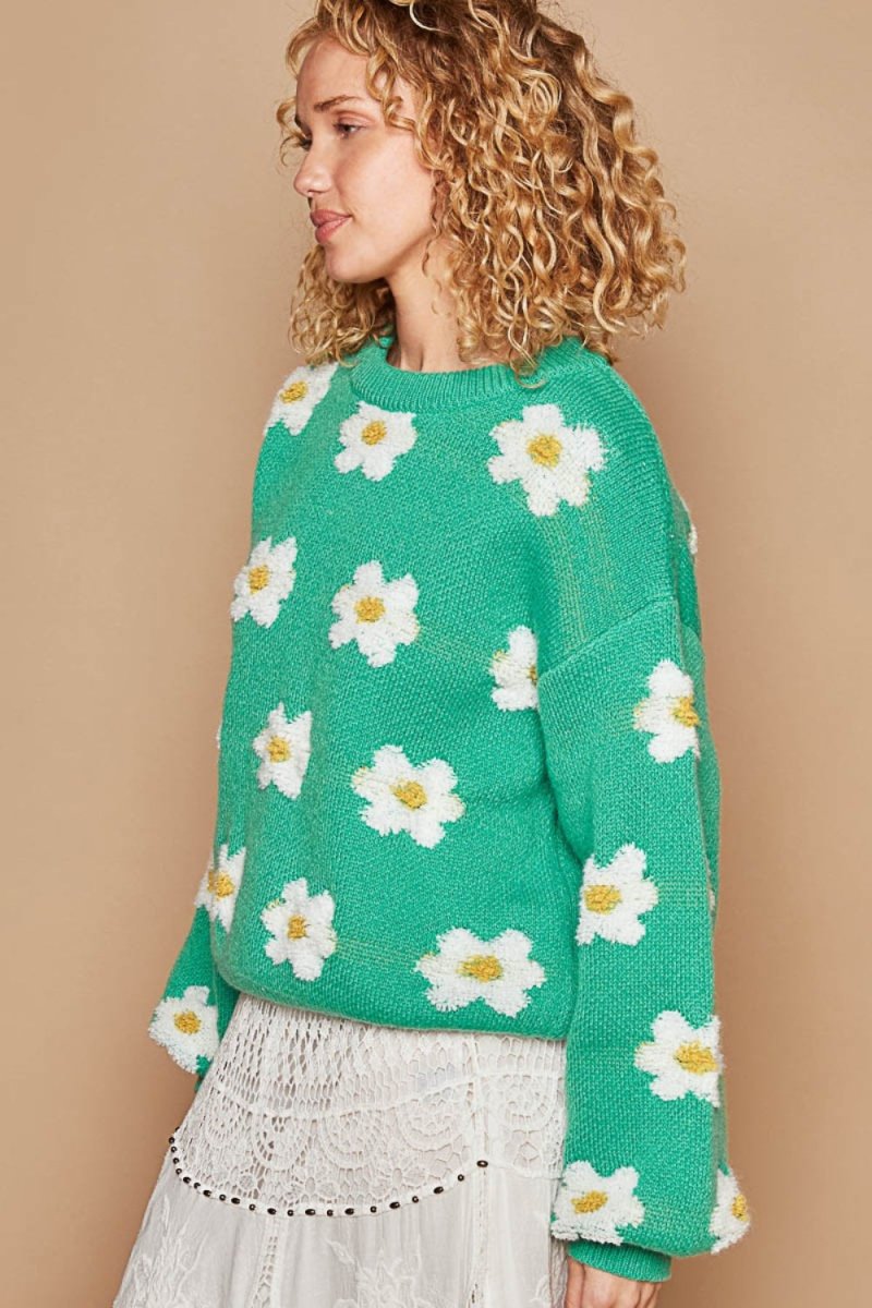 POL Daisy Pattern Drop Shoulder Sweater - S. M. & Co.