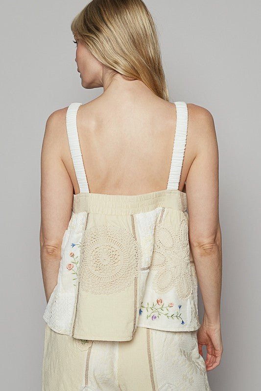 POL Embroidered Crochet Lace Patch Square Neck Cami - S. M. & Co.